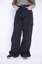 Women’s Baggy Cargo Denim Jeans- Black