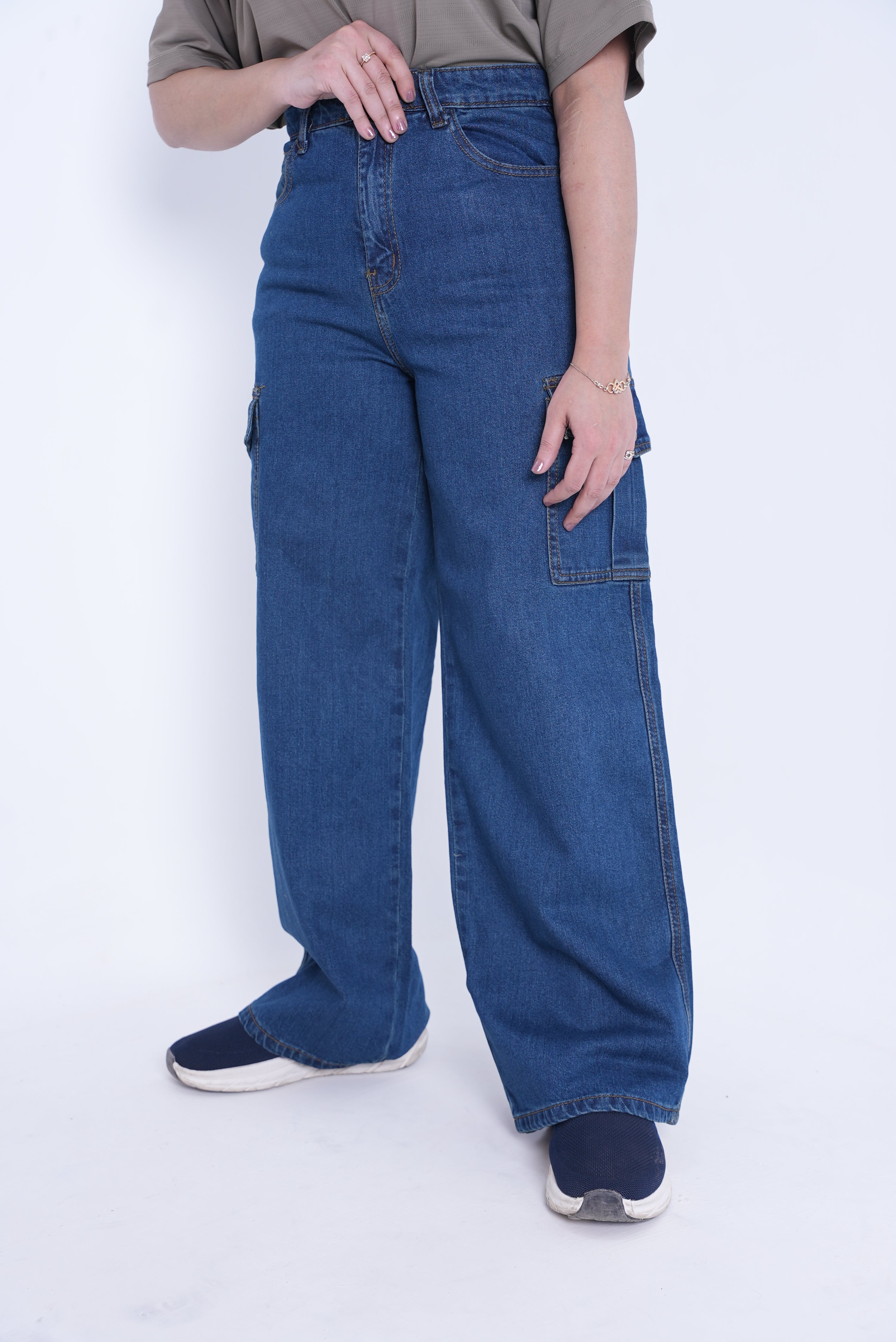 Women’s Baggy Cargo Denim Jeans- Dark Blue