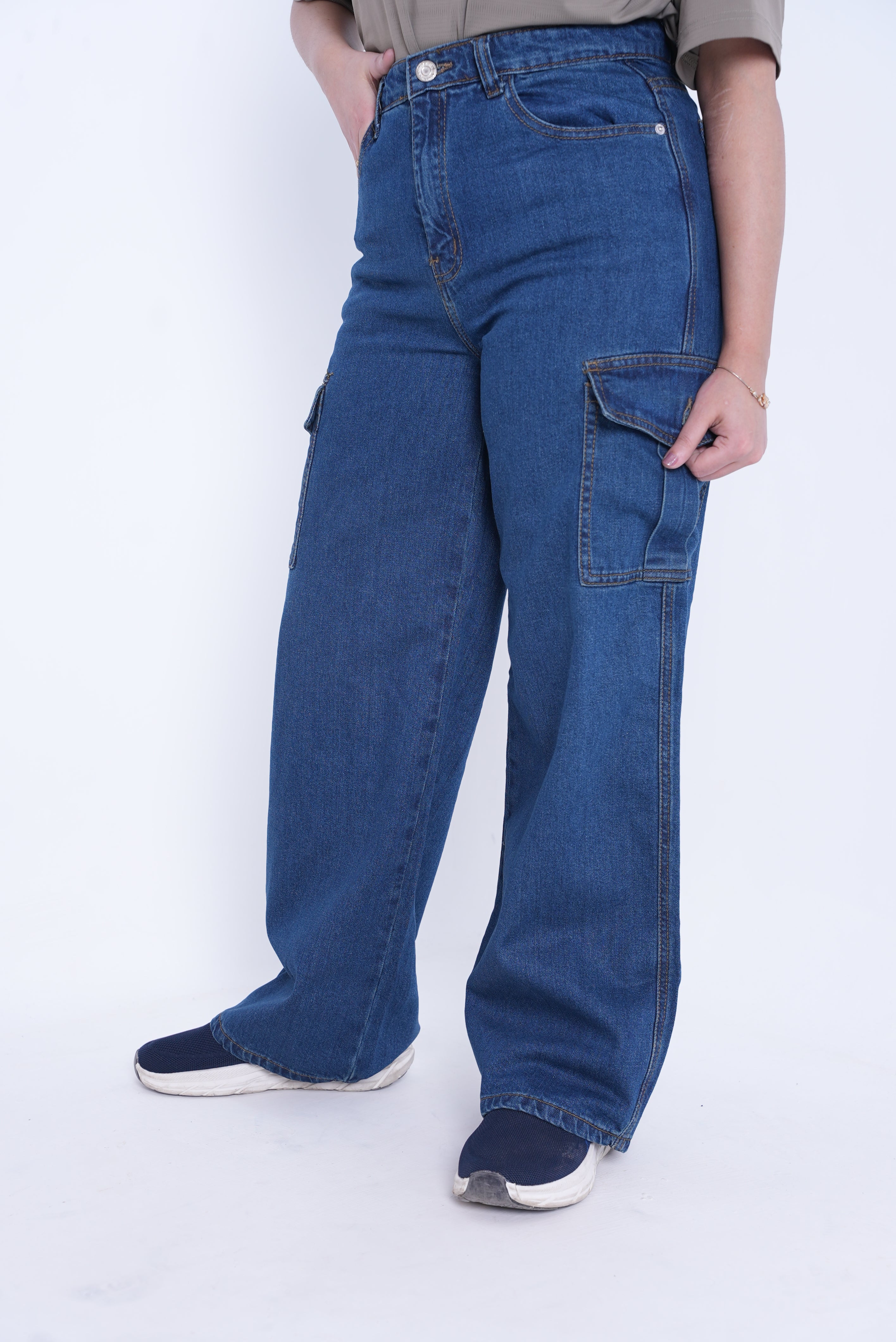 Women’s Baggy Cargo Denim Jeans- Dark Blue