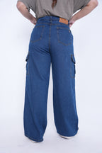 Women’s Baggy Cargo Denim Jeans- Dark Blue